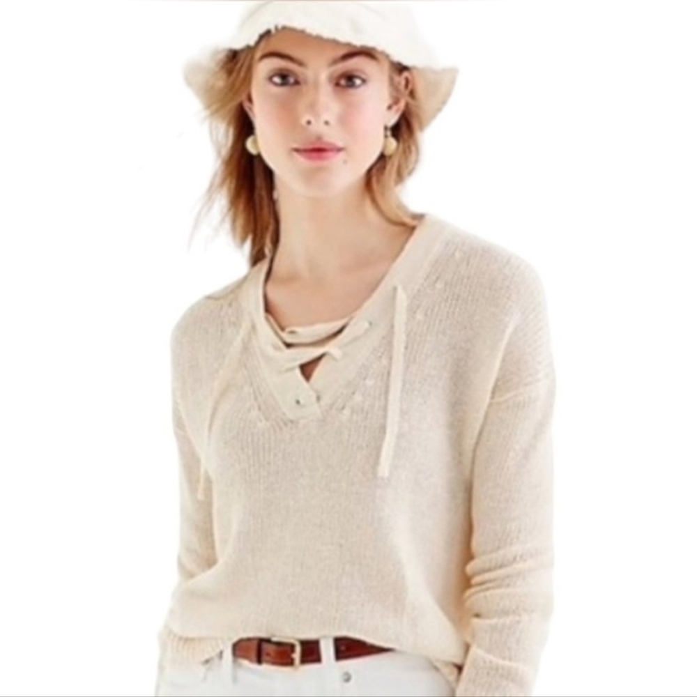 J. Crew Beach Open Knit Lace-Up V-Neck Linen Coastal Cover Up Sweater